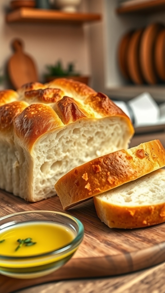 A loaf of Greek yogurt bread sliced on a cutting board with olive oil and herbs.